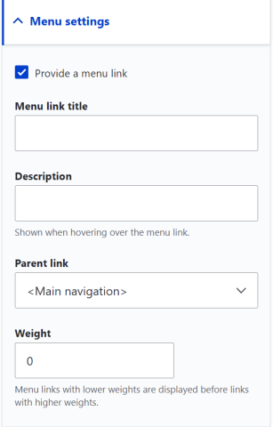 has a form field for Title, Description, and a drop down for the Parent Link